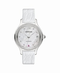MontBlanc Watches : 109273 Quartz Mother of Pearl Diamond Dial Diamond Bezel White Leather Women Watch