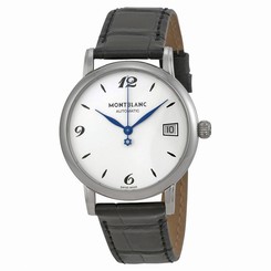 MontBlanc Watches : 111590 Automatic Silver White Dial Date Black Leather Unisex Watch