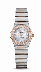 Omega Watches : 111.25.23.60.55.003 Quartz White Mother of Pearl Diamond Dial Diamond Bezel 18k Rose Gold and Stainless Steel Women Watch