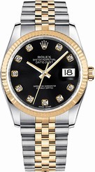 Rolex Watches : 116233 Black-diamond Dial Stainless-steel-gold Band Men Watch