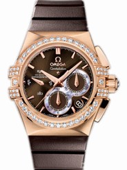 Omega Watches : 121.57.35.50.13.001 Automatic Co-Axial Chronometer Brown Dial Rose Gold Case Chronograph, Diamonds On Bezel With Brown Rubber Strap Women Watch