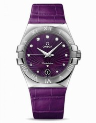 Omega Watches : 123.13.35.60.60.001 35mm Quartz Purple Dial Stainless Steel Case, Diamonds On Hour Indices With Purple Leather Strap Women Watch