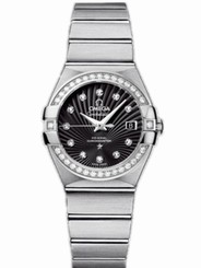 Omega Watches : 123.15.27.20.51.001 27mm Constellation Brushed Quartz Black Dial Stainless Steel Case, Diamonds With Stainless Steel Bracelet Women Watch