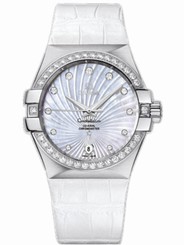 Omega Watches : 123.18.35.20.55.001 35mm Automatic Co-Axial Chronometer White Mother Of Pearl Dial Stainless Steel Case, Diamonds On Bezel And Hour Indices With White Rubber Strap Women Watch