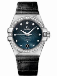 Omega Watches : 123.18.35.20.56.001 35mm Automatic Co-Axial Chronometer Blue Dial Stainless Steel Case, Diamonds On Bezel And Hour Indices With Black Alligator Leather Strap Women Watch