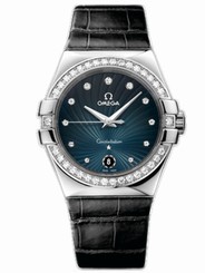 Omega Watches : 123.18.35.60.56.001 35mm Quartz Blue Dial Stainless Steel Case, Diamonds With Black Leather Strap Women Watch
