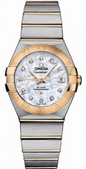 Omega Watches : 123.20.27.20.55.003 27mm Automatic Brushed Chronometer White Mother Of Pearl Dial Yellow Gold Case, Diamonds On Hour Indices With Yellow Gold And Stainless Steel Bracelet Women Watch