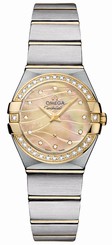 Omega Watches : 123.25.24.60.57.001 Quartz Champagne Mother of Pearl Diamond Dial Diamond Bezel 18k Yellow Gold and Stainless Steel Bracelet Women Watch