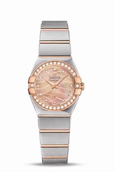 Omega Watches : 123.25.24.60.57.002 Quartz Rose Gold Mother of Pearl Diamond Dial Diamond Bezel 18k Rose Gold and Stainless Steel Bracelet Women Watch