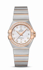 Omega Watches : 123.25.27.20.55.006 Automatic White Mother of Pearl Diamond Dial Date Diamond Bezel 18k Rose Gold and Stainless Steel Women Watch