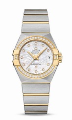 Omega Watches : 123.25.27.20.55.007 Automatic White Mother of Pearl Diamond Dial Date Diamond Bezel 18k Yellow Gold and Stainless Steel Women Watch