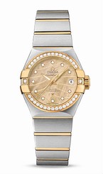 Omega Watches : 123.25.27.20.57.002 Automatic Champagne Mother of Pearl Diamond Dial Date Diamond Bezel 18k Yellow Gold and Stainless Steel Women Watch
