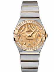Omega Watches : 123.25.27.60.58.001 27mm Constellation Brushed Quartz Champagne Gold Dial Yellow Gold Case, Diamonds With Yellow Gold And Stainless Steel Bracelet Women Watch