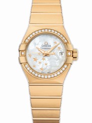 Omega Watches : 123.55.27.20.05.001 27mm Automatic Brushed Chronometer White Mother Of Pearl Dial Yellow Gold Case, Diamonds With Yellow Gold Bracelet Women Watch