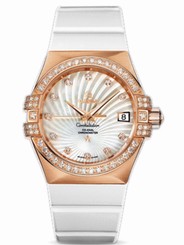 Omega Watches : 123.57.35.20.55.001 35mm Automatic Chronometer White Mother Of Pearl Dial Rose Gold Case, Diamonds With White Rubber Strap Women Watch