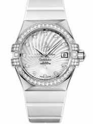 Omega Watches : 123.57.35.20.55.005 35mm Automatic Chronometer White Gold Dial And Case, Diamonds With White Rubber Strap Women Watch
