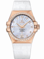 Omega Watches : 123.58.35.20.55.003 35mm Automatic Chronometer White Mother Of Pearl Dial Rose Gold Case, Diamonds With White Leather Strap Women Watch