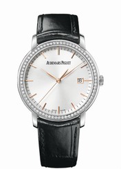 Audemars Piguet Watches : 15171BC.ZZ.A002CR.01 Automatic Silver Dial Date Diamond Bezel 18ct White Gold Case Black Leather Men Watch
