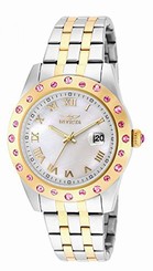 Invicta Watches : 18984 Silver Dial Fixed 18kt Gold-plated With Pink Crystals Band Men Watch