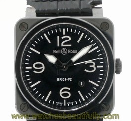 Pre-Owned Bell & Ross Black Ceramic/Leather/Dial Mens Automatic Watch BR03-92,MR