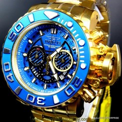 Invicta Sea Hunter III Blue 70mm Full Sized Swiss Chrono Gold Plated Watch New