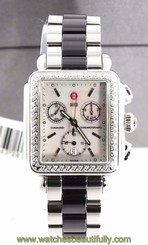 NEW MICHELE MWW06A000717 DECO DIAMOND MOTHER OF PEARL LADIES BLACK CERAMIC WATCH
