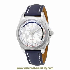 Breitling Galactic Unitime Antarctica White Dial Blue Leather Mens Watch