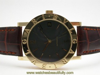 BVLGARI BB33GL 18K YELLOW GOLD BROWN LEATHER BAND AUTOMATIC 33MM UNISEX WATCH