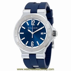 Bvlgari Diagono Blue Dial Blue Stainless Steel and Rubber Strap Mens Watch