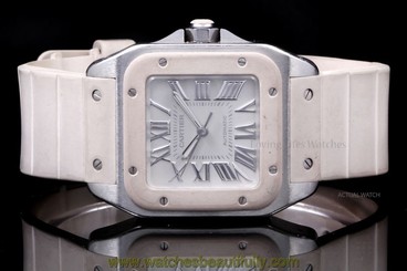 Cartier Stainless Steel Midsize Santos 100 2878, White Roman on a Rubber Strap