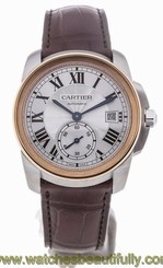 Cartier W2CA0002 Calibre 18k Rose Gold Silver Dial Men Leather Watch New in Box