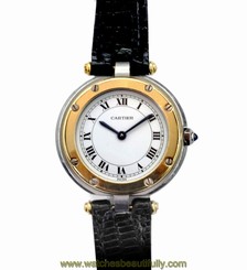 Vintage 90's Cartier Santos Round on Leather Ladies Tutone 18k Stainless Watch