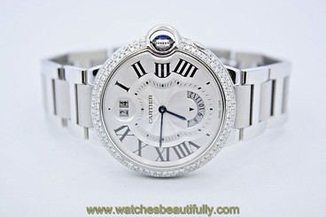 CARTIER BALLON BLEU DUEL TIME STAINLESS STEEL DIAMOND ENCRUSTED WATCH W6920011 7612456399978