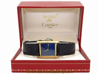 Must de Cartier Tank Paris 18k Gold Vermeil Plaque Manual Wind Blue Dial Watch