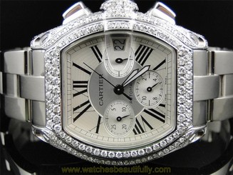 Mens Cartier Roadster Chronograph 9.5 ct XL VS Diamond Watch White Face Roman