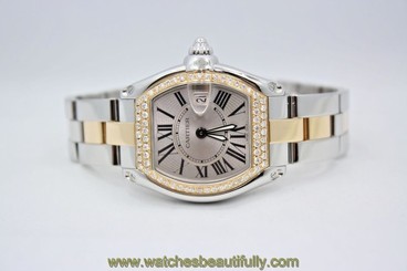 LADIES CARTIER ROADSTER TWO TONE 18K YELLOW SS DIAMOND ENCRUSTED WATCH W62026Y4