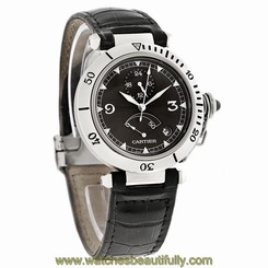Cartier Pasha Mens Black Strap GMT Power Reserve Swiss Automatic Watch W3105055