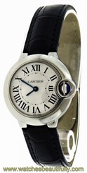 Cartier W69018Z4 Ballon Bleu 28mm Silver Dial Women BLK Leather Watch New In Box