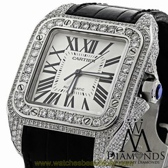 LUXURY DIAMOND CARTIER SANTOS 100 AUTOMATIC WATCH LARGER 10CT NATURAL DIAMOND
