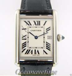 Cartier Louis Tank Large 18K White Gold Quartz Watch Black Strap w/Date