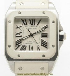 Cartier Santos 100 W20122U2 White Rubber Automatic Mid Size Ladies Watch 33mm 4100001463999