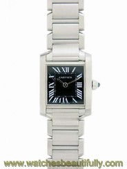 Pre-Owned CARTIER Tank Fran?aise W51026Q3 Ladies SS Black Quartz Watch, MD