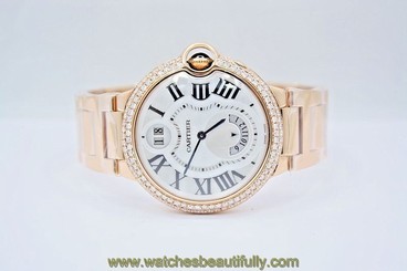 CARTIER BALLON BLEU DUEL TIME 18k ROSE GOLD DIAMOND ENCRUSTED WATCH W6920035