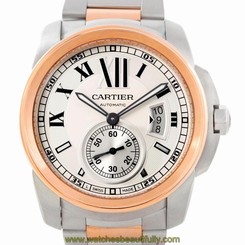 Cartier Calibre Steel 18K Rose Gold Mens Watch W7100036 Box Papers 7612456709050