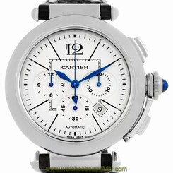 Cartier Pasha 38mm Chronograph Steel Black Strap Mens Watch W3108555