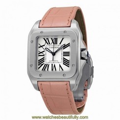 CARTIER WOMEN'S SANTOS 100 LEATHER BAND STEEL CASE AUTOMATIC WATCH W20126X8
