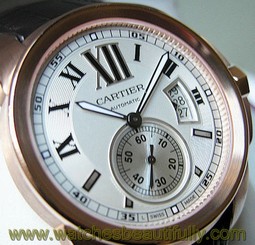 *NEW* MENS CALIBRE DE CARTIER 18K PINK GOLD SILVER BROWN LEATHER STRAP W7100009 7612456620539