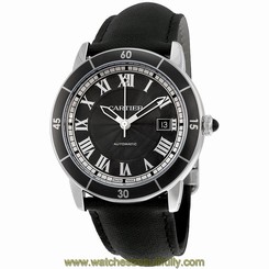 Cartier Ronde Croisiere Gray Dial Black Leather Automatic Mens Watch WSRN0003