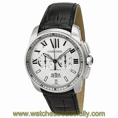 Cartier Calibre de Cartier Silver Dial Black Leather Automatic Mens Watch 7613268267271