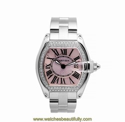 CARTIER ROADSTER 2675 PINK DIAL 0.80 CT DIAMOND BEZEL S/S QUARTZ WOMENS WATCH